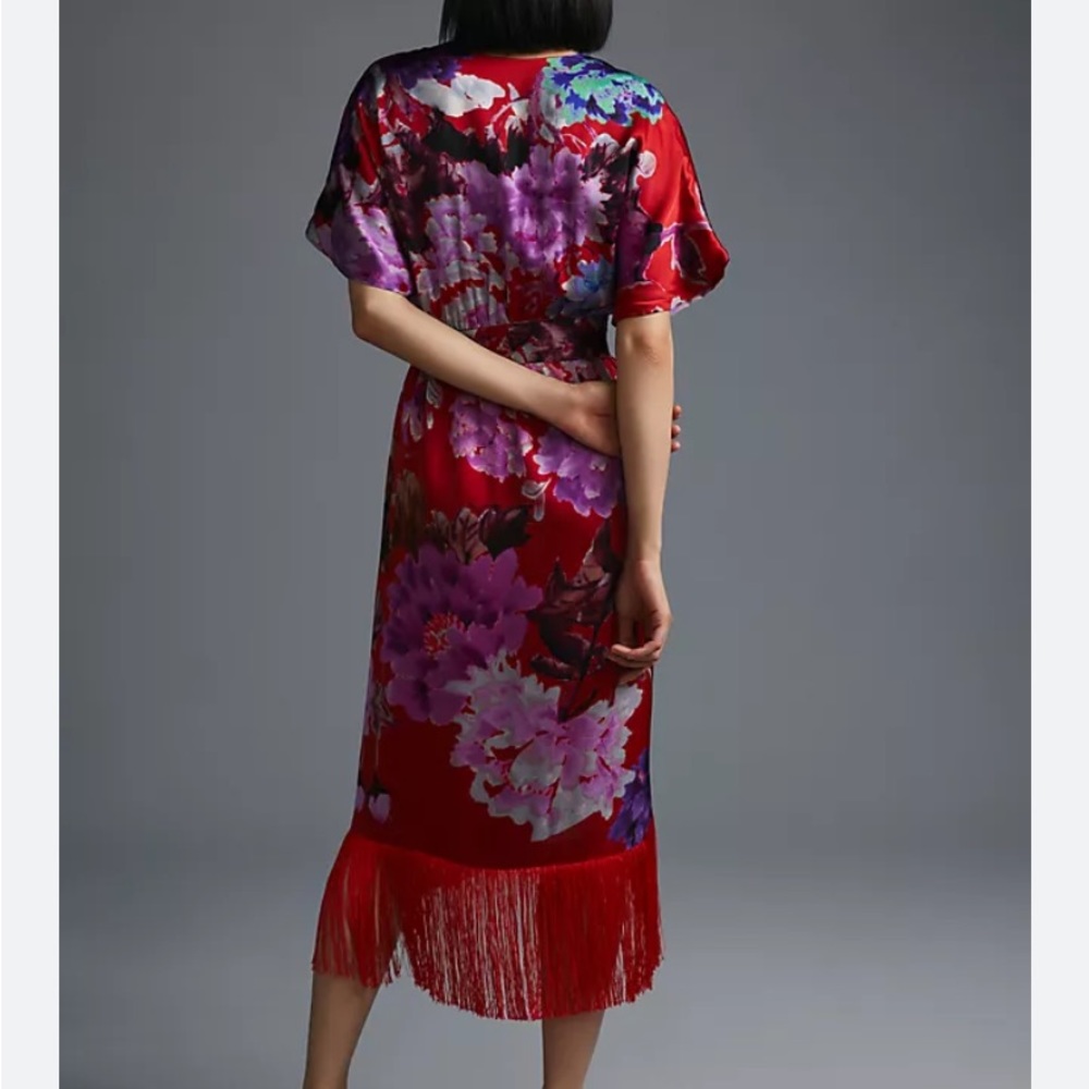 Anthropologie x DELFI Collective Fringed Dress Floral Print Red - Picture 2 of 6